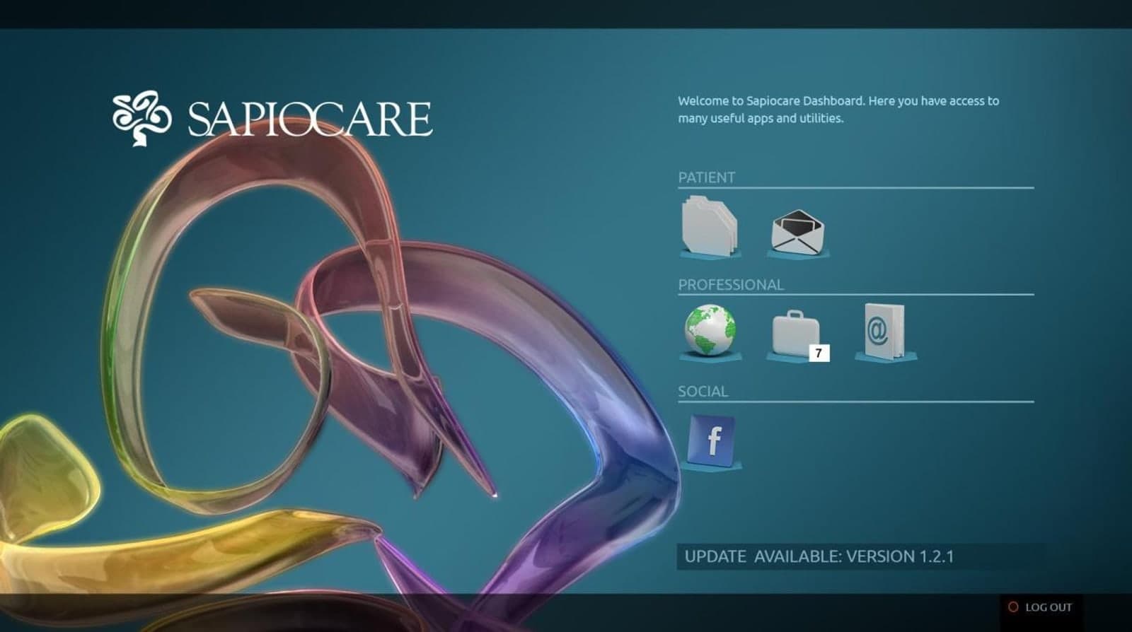 Sapiocare EHR dashboard launcher — Patient, Professional, and Social app modules