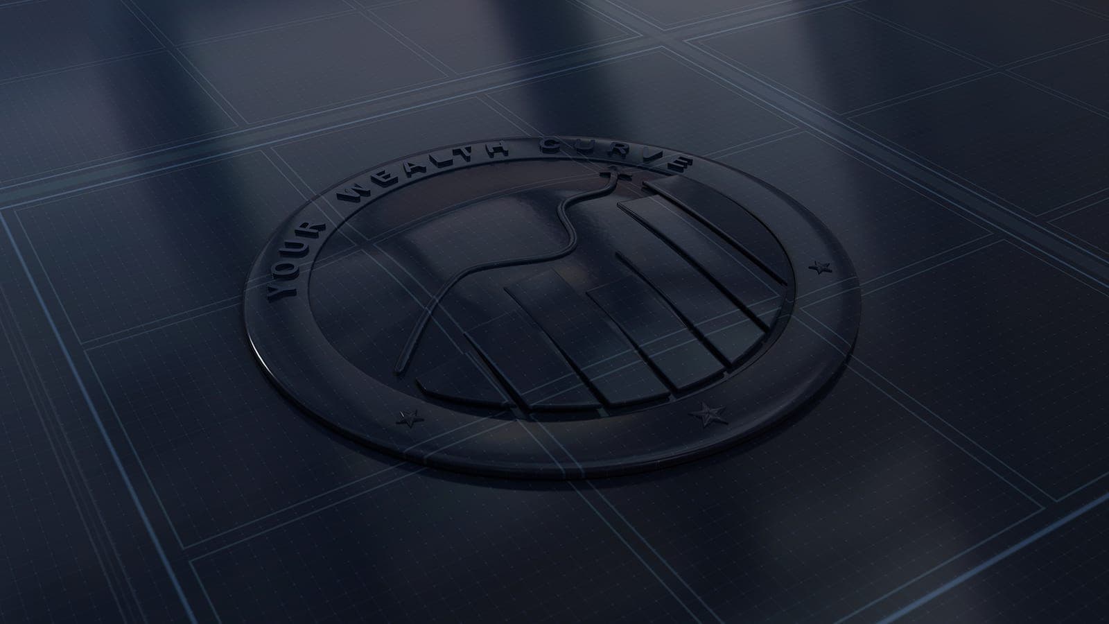The Your Wealth Curve emblem embossed on a dark blueprint-grid surface