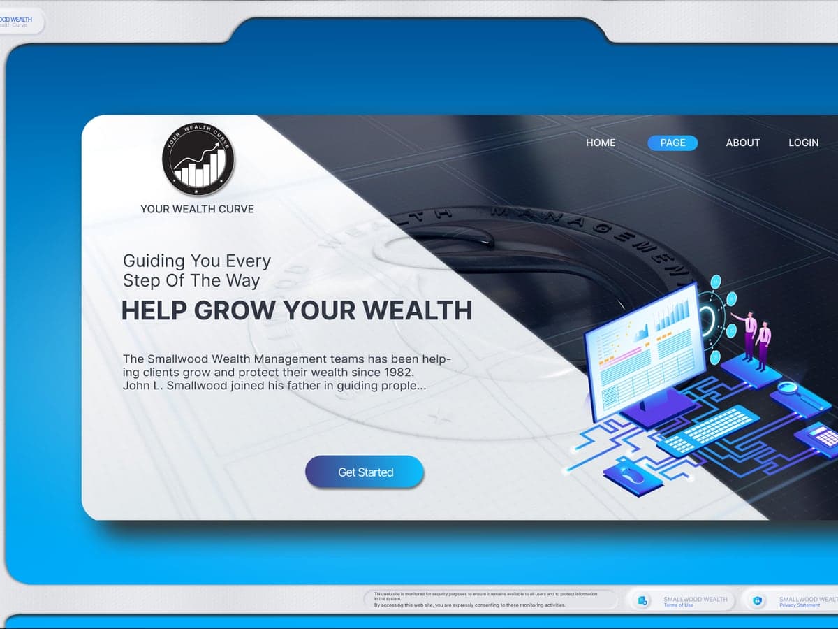 The Your Wealth Curve portal landing page — "Help grow your wealth" with the Smallwood branding and isometric illustration